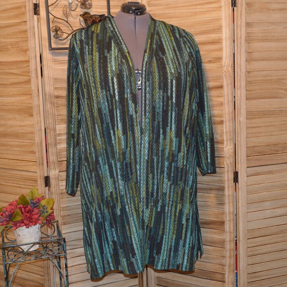 Susan Graver 2XP Open Front L/S Duster Green Teal